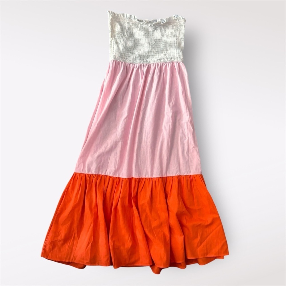 Casual dress Petal & Pup Shia Pink White Orange Color-block Strapless Midi
Dress